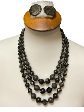 Bold Black Gray Multi Strand Statement Necklace Set Chunky Beads Modern Chic